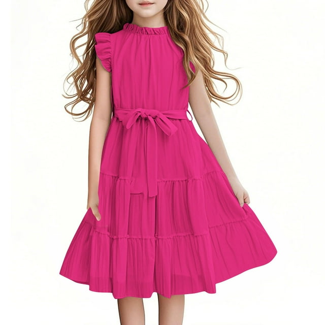 SROBPTY Robes pour Filles, Robes d'Été Formelles pour Filles à Manches à Volants, Ligne A, Décontractées avec Ceinture Rose Vif 15 Ans