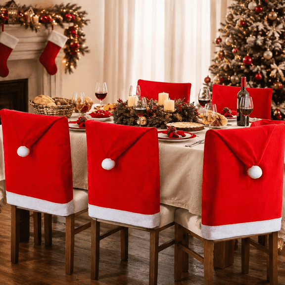 2 Pack Christmas Chair Covers Red Velvet Santa Hat Dining Chair Back Covers - Slipcovers for Christmas, Restaurant, Holiday Festivals & Party Decor