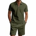 thumbnail image 3 of Men's Casual 2-Piece Set, Solid Color Polo Short Sleeve Shirt and Shorts, Relaxed Summer Outfit For Vacation Beach and Leisure,Army Green,L, 3 of 9