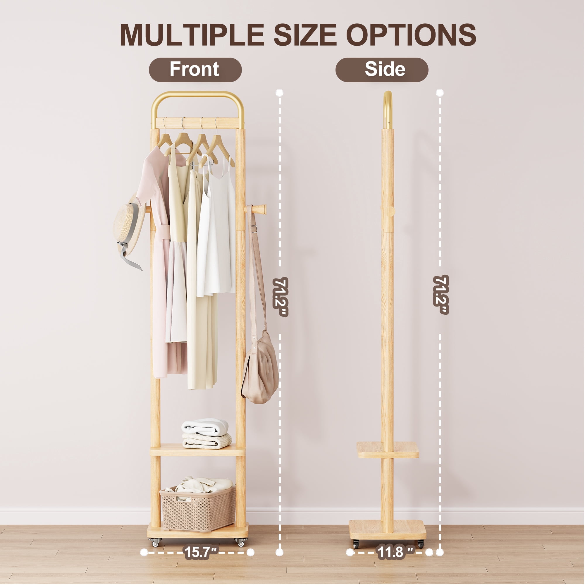 HOQBN 71"H Coat Racks Solid Wood Hanger with Wheel,Easy to Assemble for Bedroom,Hallway,Living Room,Natural