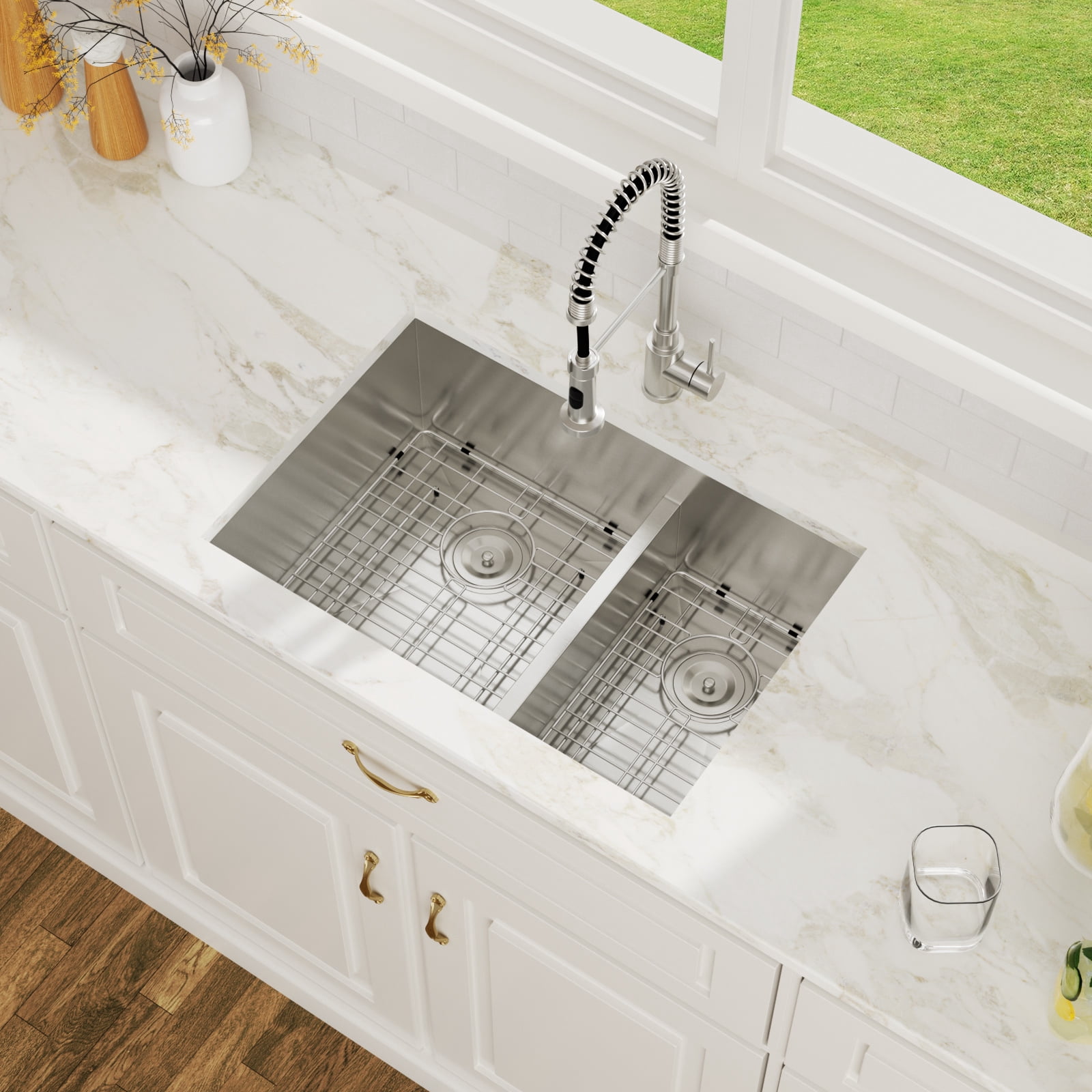 30 in. Undermount 60/40 Double Bowl 16-Gauge Stainless Steel Low Divided Kitchen Sink with 2 Pcs Bottom Grids/Drains
