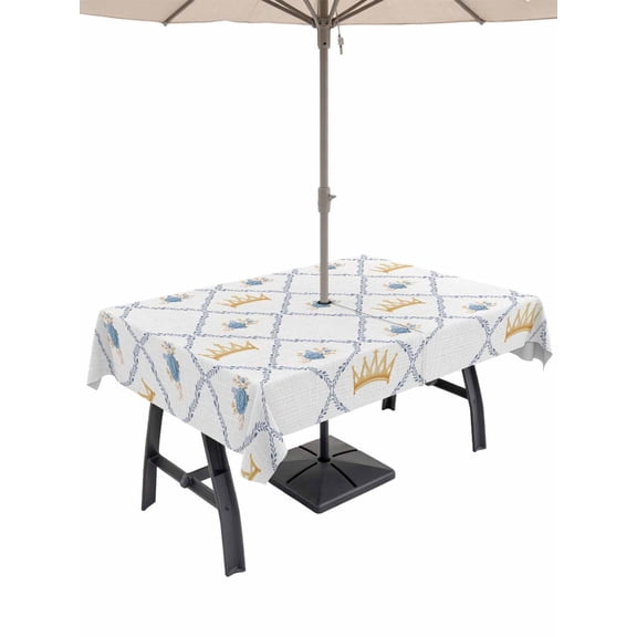 Outdoor Tablecloth with Umbrella Hole for Patio/Picnic/Party/Camping, Blue Roses Crown Waterproof Table Cloth Rectangle Table Cover Washable, Spring Floral Elegant Pastoral Geometric (60"x 102")
