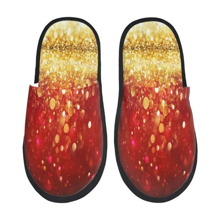 Balery Red Gold Glitter Slient Indoor Furry Fleece Comfort House Shoes Soft Non-Slip Home Shoes Cotton slippers House Slippers-- Large
