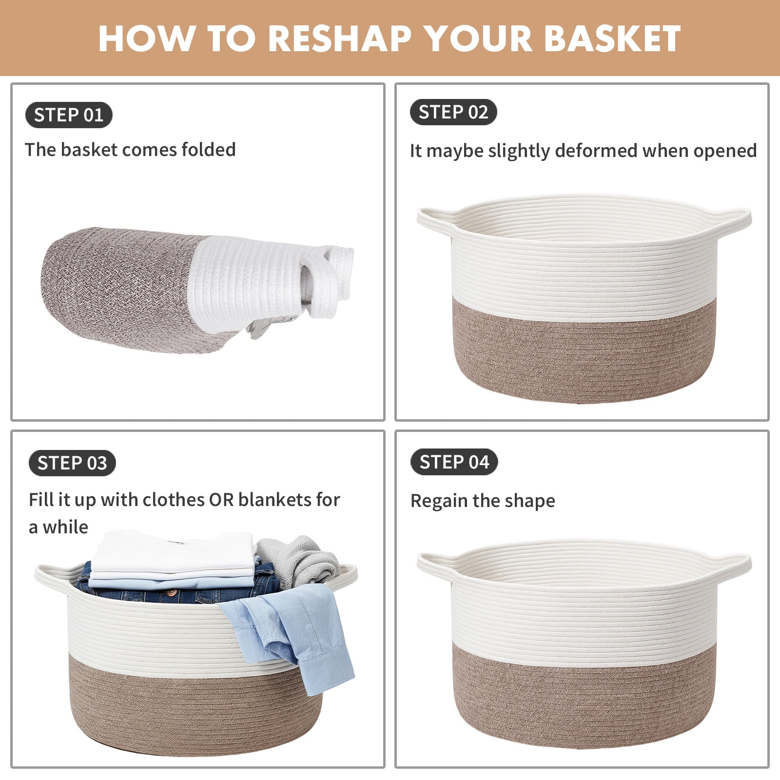 PinkSheep Laundry Basket, 80L Collapsible Woven Cotton Rope Laundry Hamper Storage Baskets with Handles, Brown White