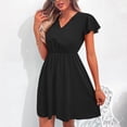thumbnail image 3 of Vestido de manga ondulada para mujer, cuello en V, espalda cruzada, cintura elástica, ribete de encaje, costura, vestido de línea A, negro, M, 3 of 6