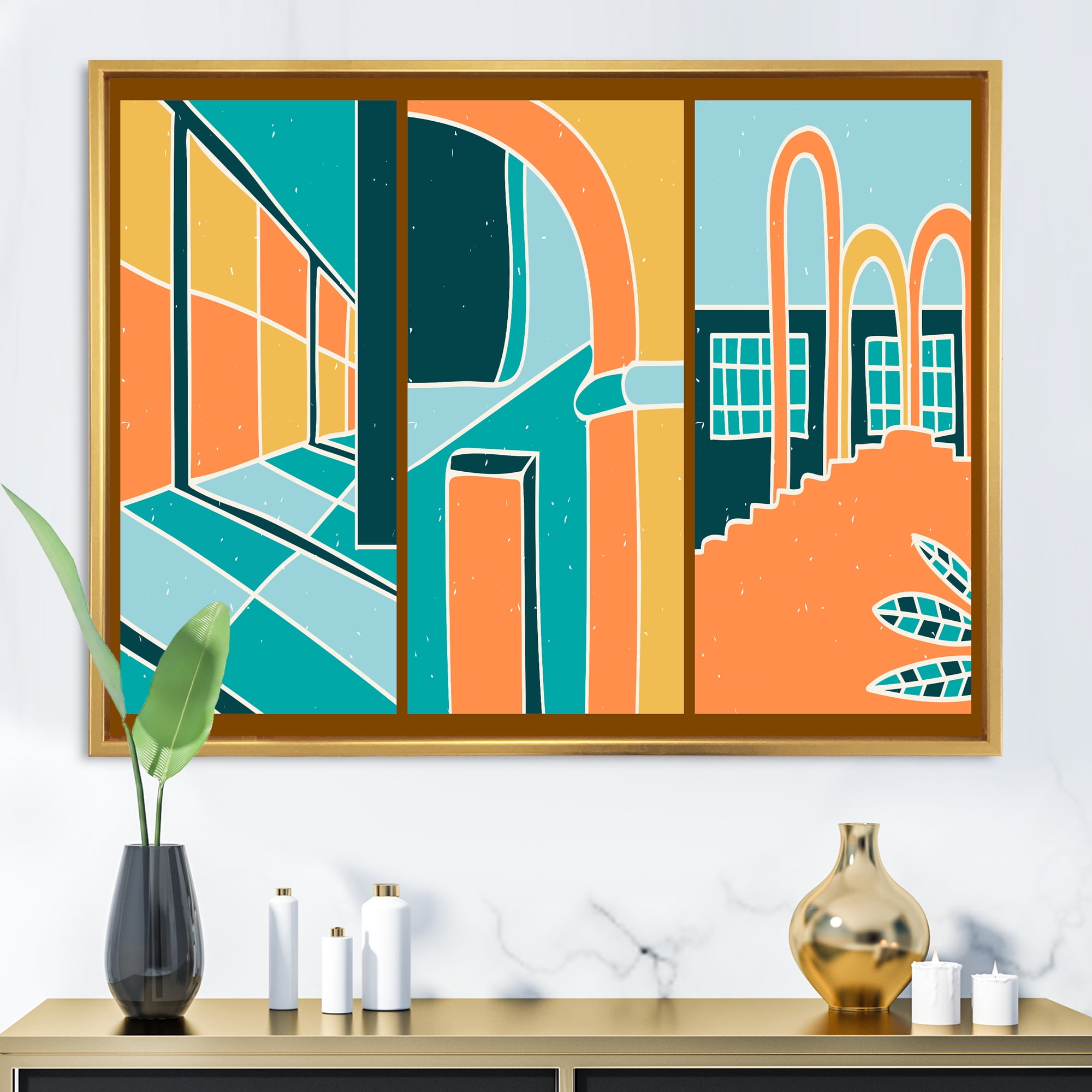 Designart 'Geometric Shapes Vintage Style Building Windows' Modern Framed Canvas Wall Art Print