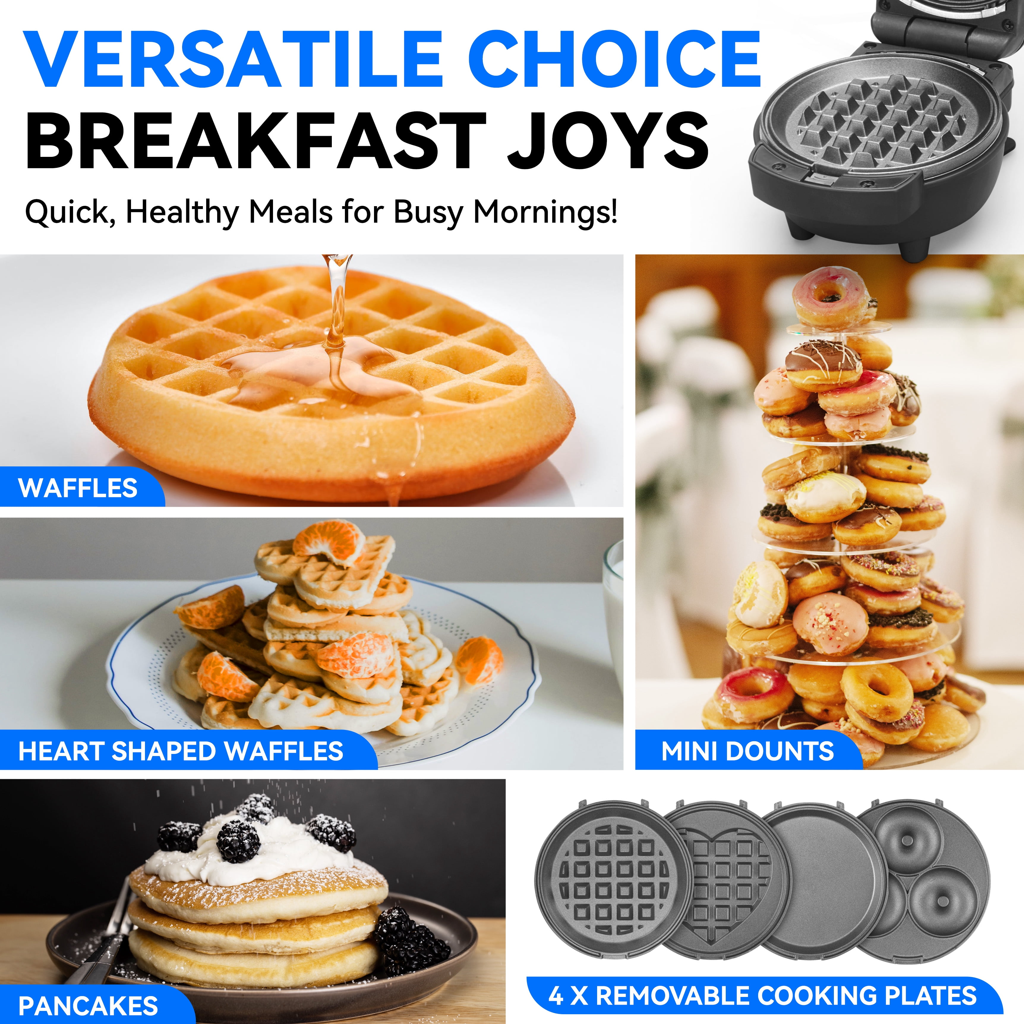 Mailand Countertop 4 in 1 Waffle Maker, Mini Pancakes, Mini Donuts, Mini Heart Shape Waffle, Removable Plates, Graphite