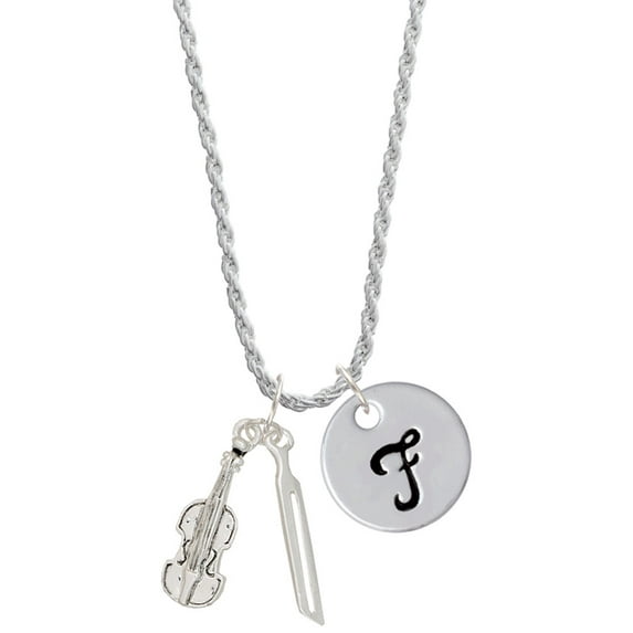 Delight Jewelry Silvertone Violin and Bow Silvertone Script Initial Disc - F - Charm Necklace, 20"+3"