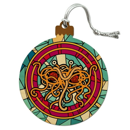 Flying Spaghetti Monster Emblem - Flying Spaghetti Monster Stained Glass Wood Christmas Tree Holiday Ornament