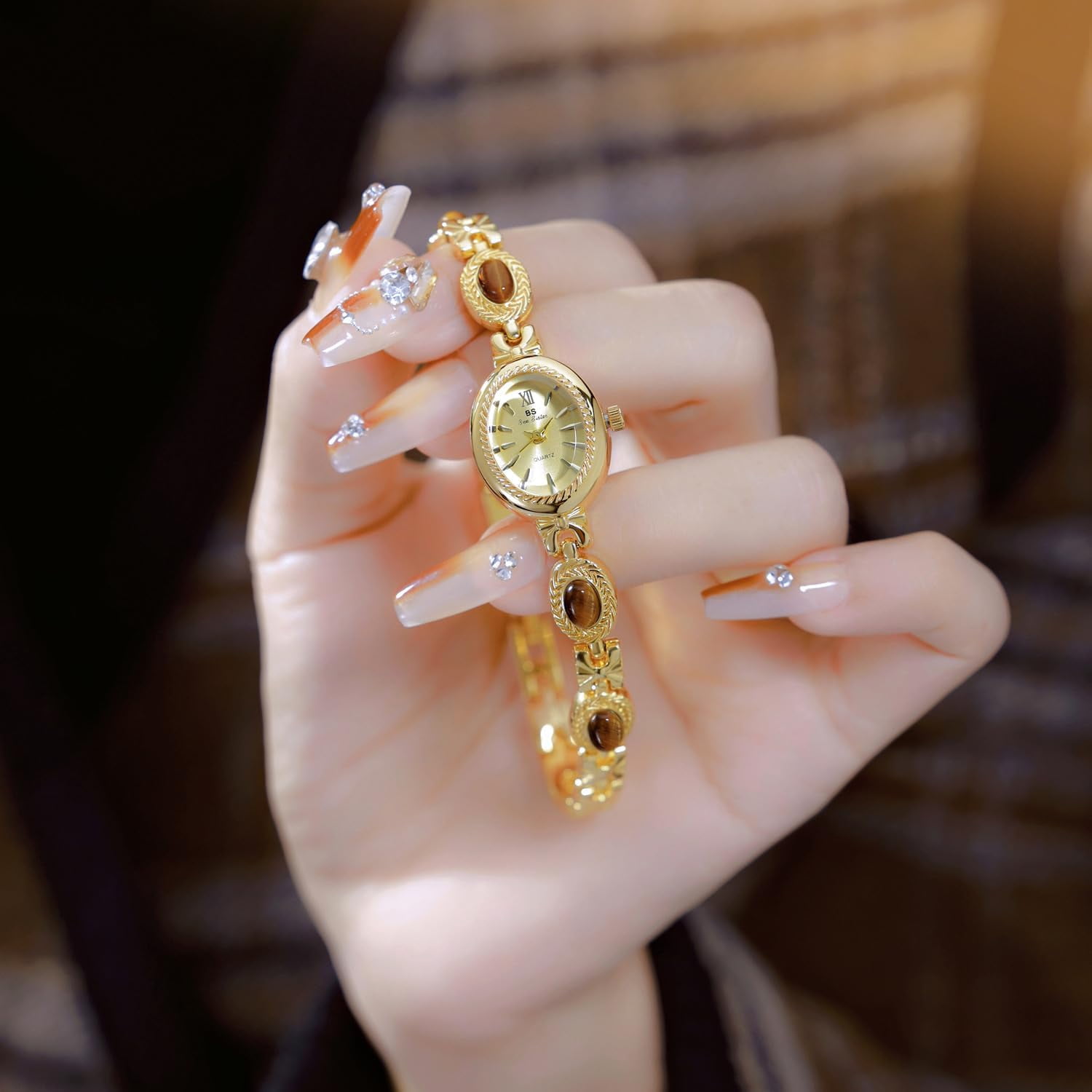 Gold Watches for Women with Small Vintage Bracelet Elegant Jade Oval Dial Dress Watch Fashion Quartz Wrist Watch Waterproof Watch
