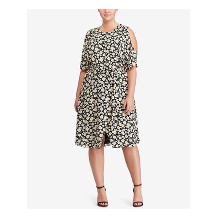 RALPH LAUREN Womens Navy Cold Shoulder Floral Short Sleeve Jewel Neck Below The Knee A-Line Dress Plus 16W