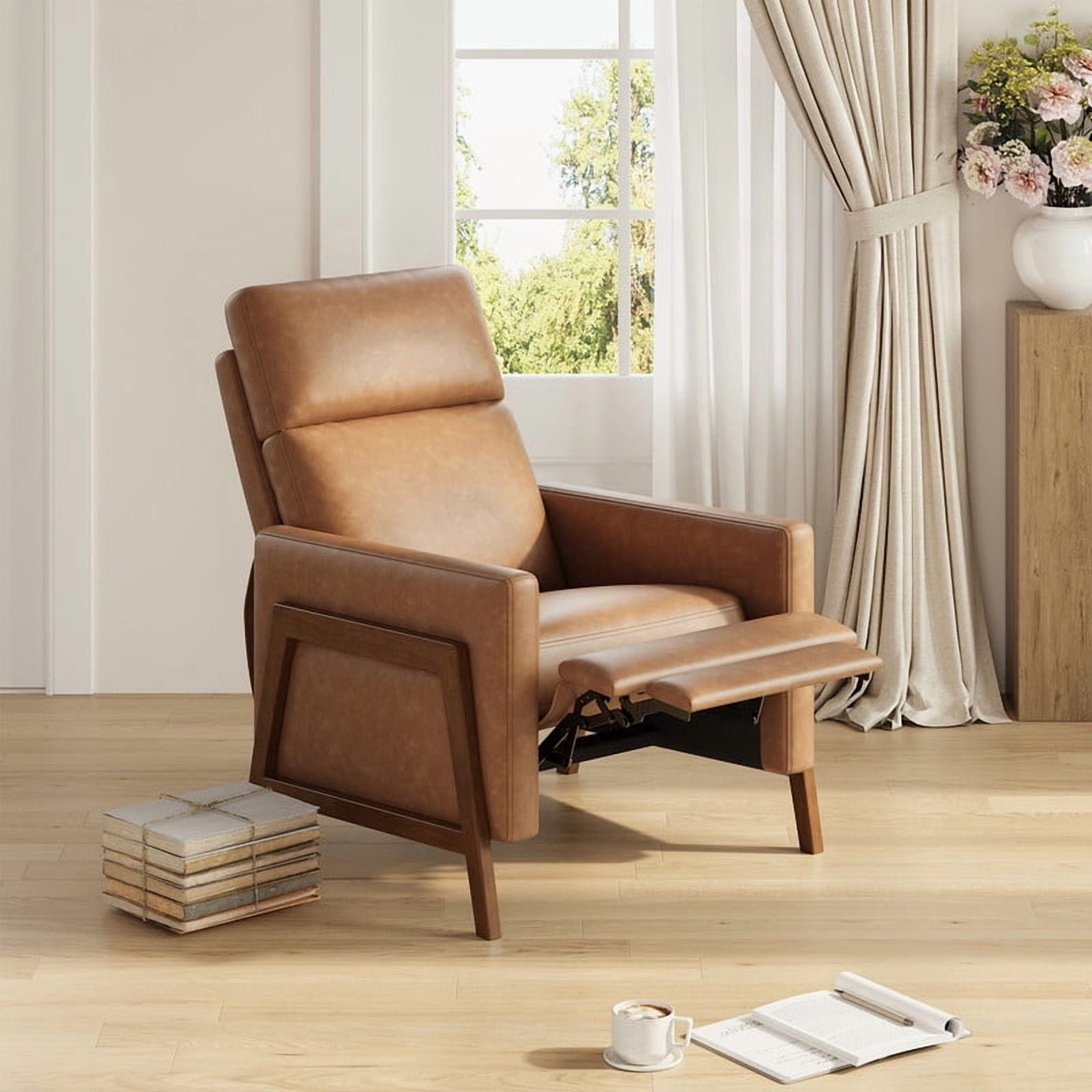 COLAMY Push Back Recliner Chair, Cocoa Manual Leather Recliner Accent Chair, Modern High Back Armchair with Padded Headrest and Solid Wood Frame for Bedroom, Nursery Chair