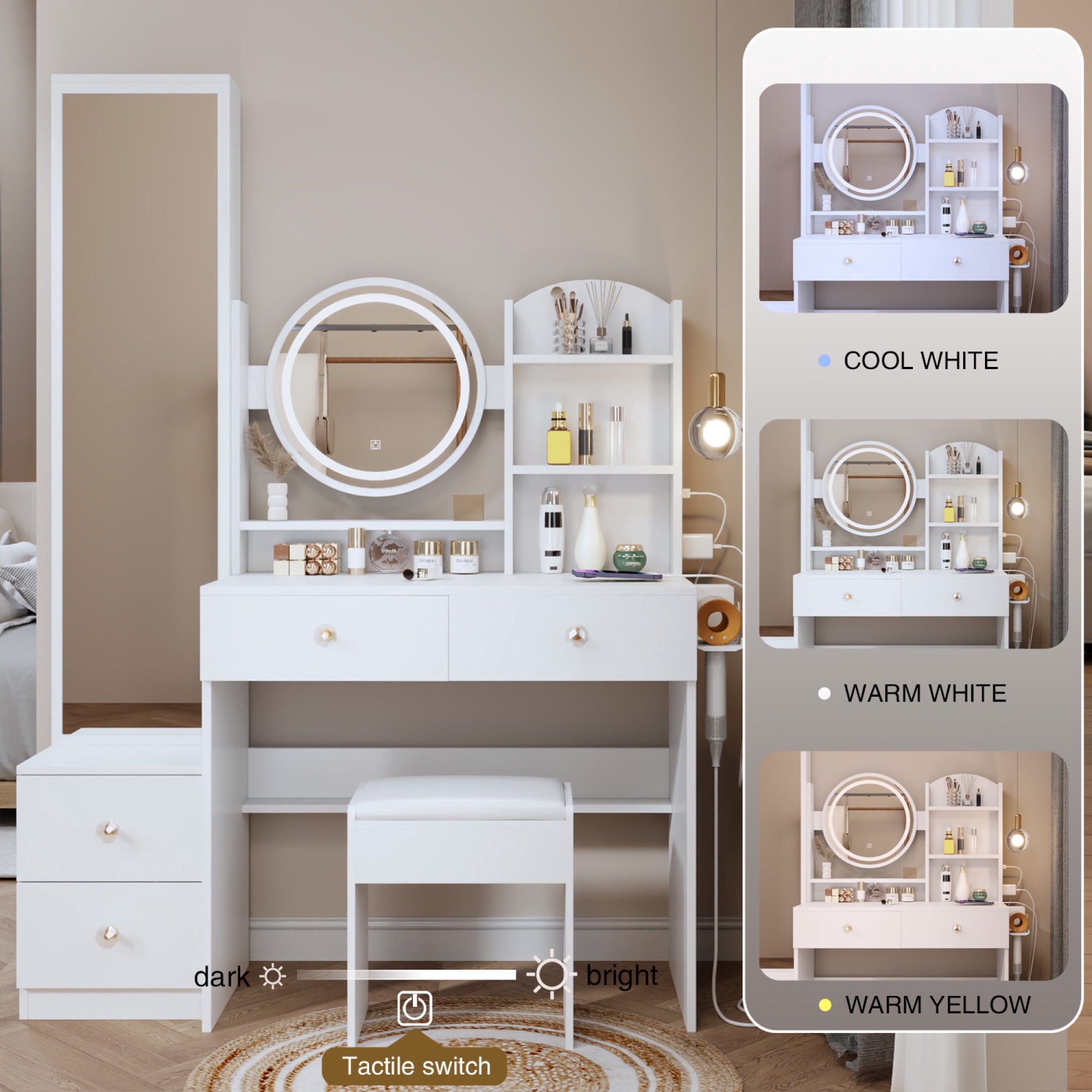 Mirror Cabinet Round Mirror LED Vanity Table Cushioned Stool with LED Mirror