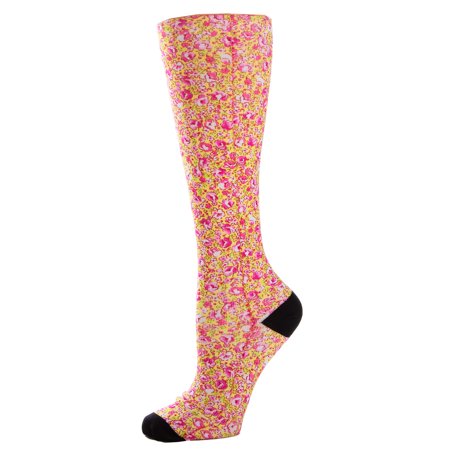 Celeste Stein Graduated Compression Knit Socks, Regular Calf, 8-15mmHg, Orange New Age Floral with Black Heel and Toe