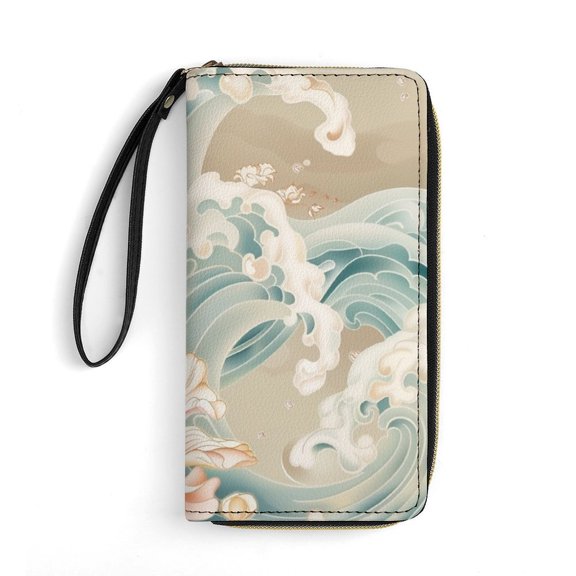 Womens Wallet Bifold Ladies Cluth Bag Wristlet Wrist Strap Long Purse Wave Peony Design