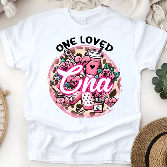 One Loved CNA Graphic T-Shirt | Valentine Heart Coffee Rose Design for Women Men, White, Size S