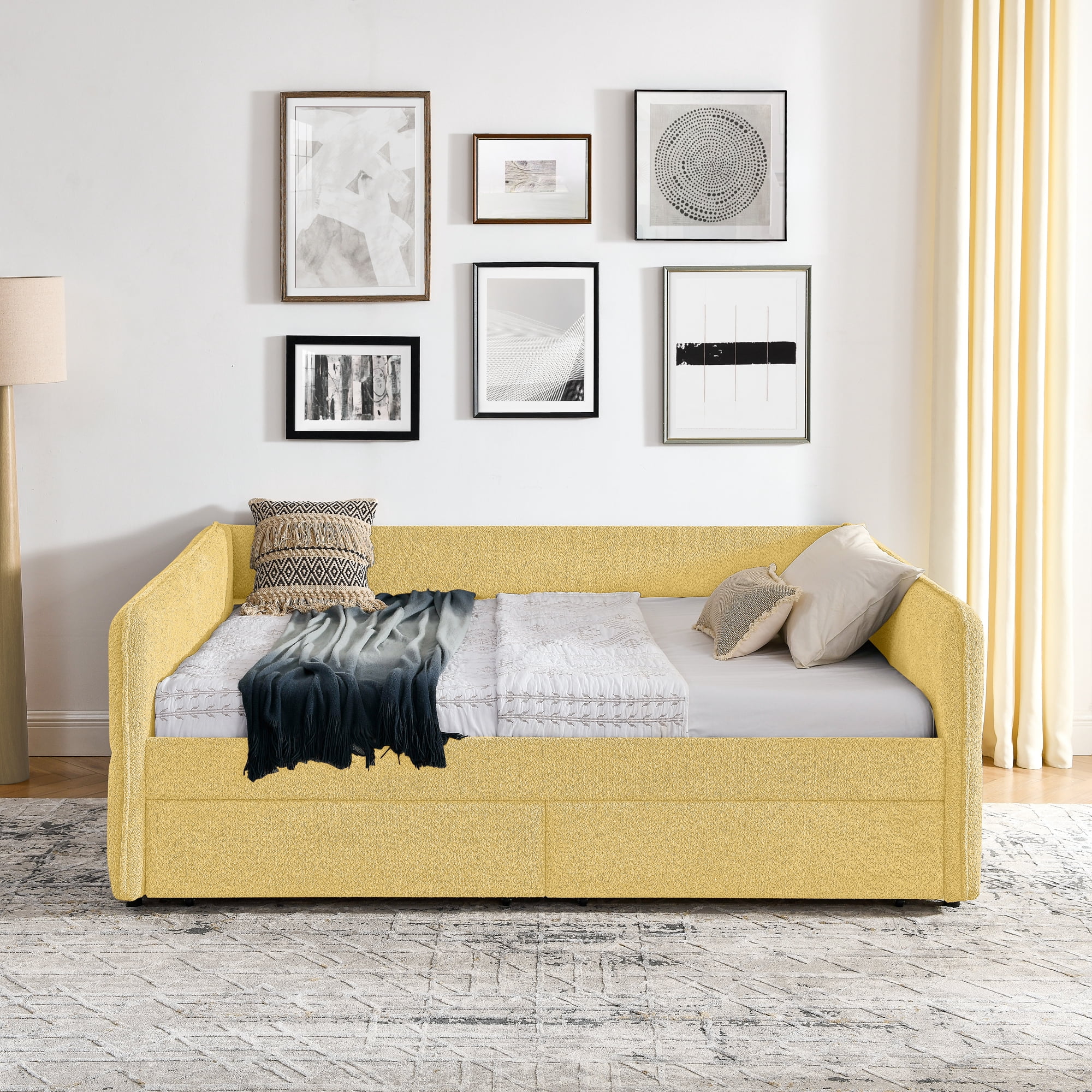 Mintazer Queen Upholstered Daybed with 2 Storage Drawers, Modern Sofa Bed for Living Room & Bedroom, Yellow