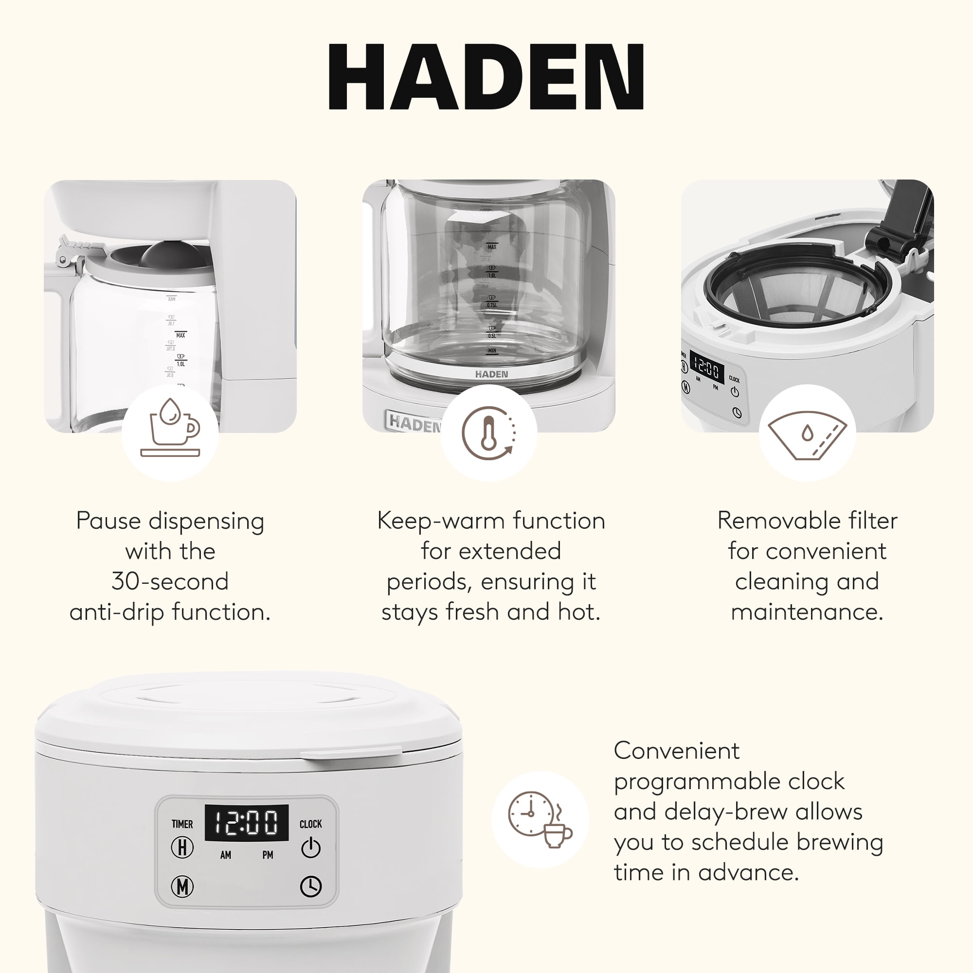 Haden Chelsea 10 Cup Digital Drip Coffee Maker with Glass Carafe, Ivory