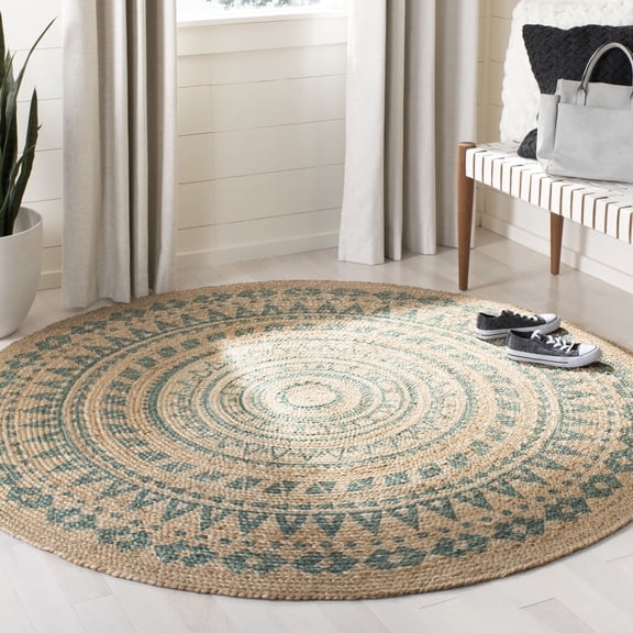 SAFAVIEH Natural Fiber Zoolander Geometric Jute Area Rug, Aqua/Natural, 4' x 4' Round