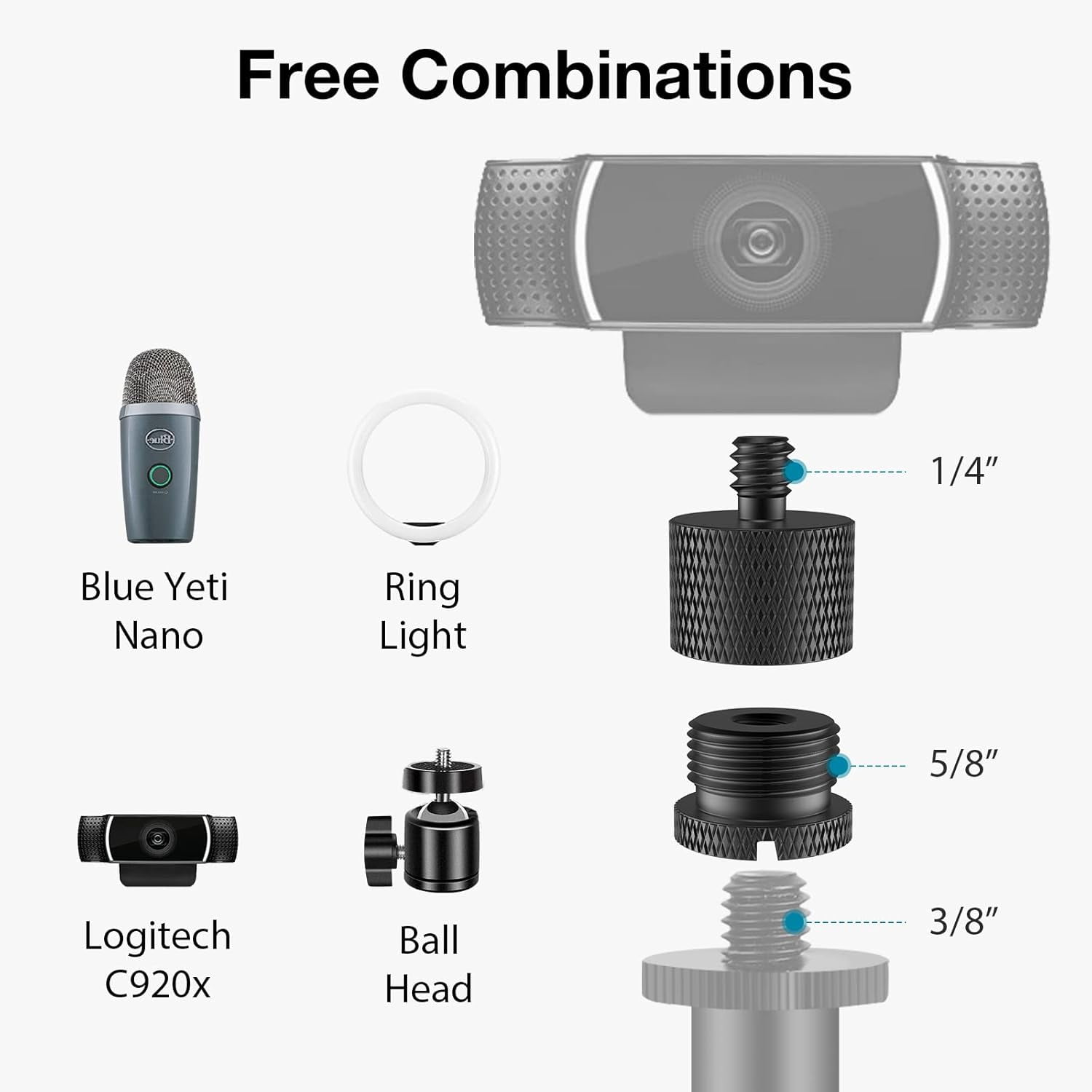 Stand with Weighted Base & 8 Pieces Mic Adapter for Microphone Arm Clip Shock Mount Camera Tripod