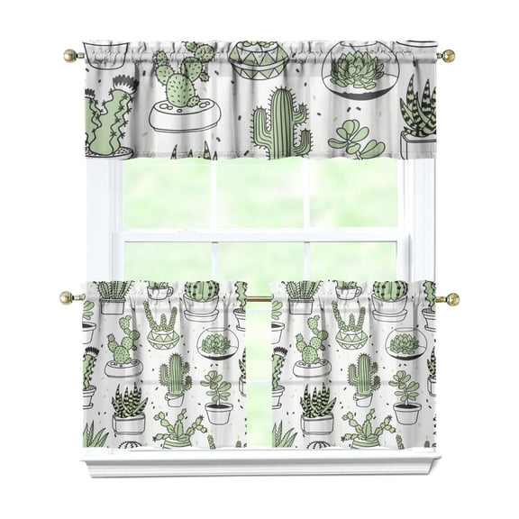 Retro Desert Succulent Kitchen Curtains Set, Boho Cactus and Southwestern Succulent Rod Pocket Tier and Valance, Desert Style and Aesthetic Succulent Panels