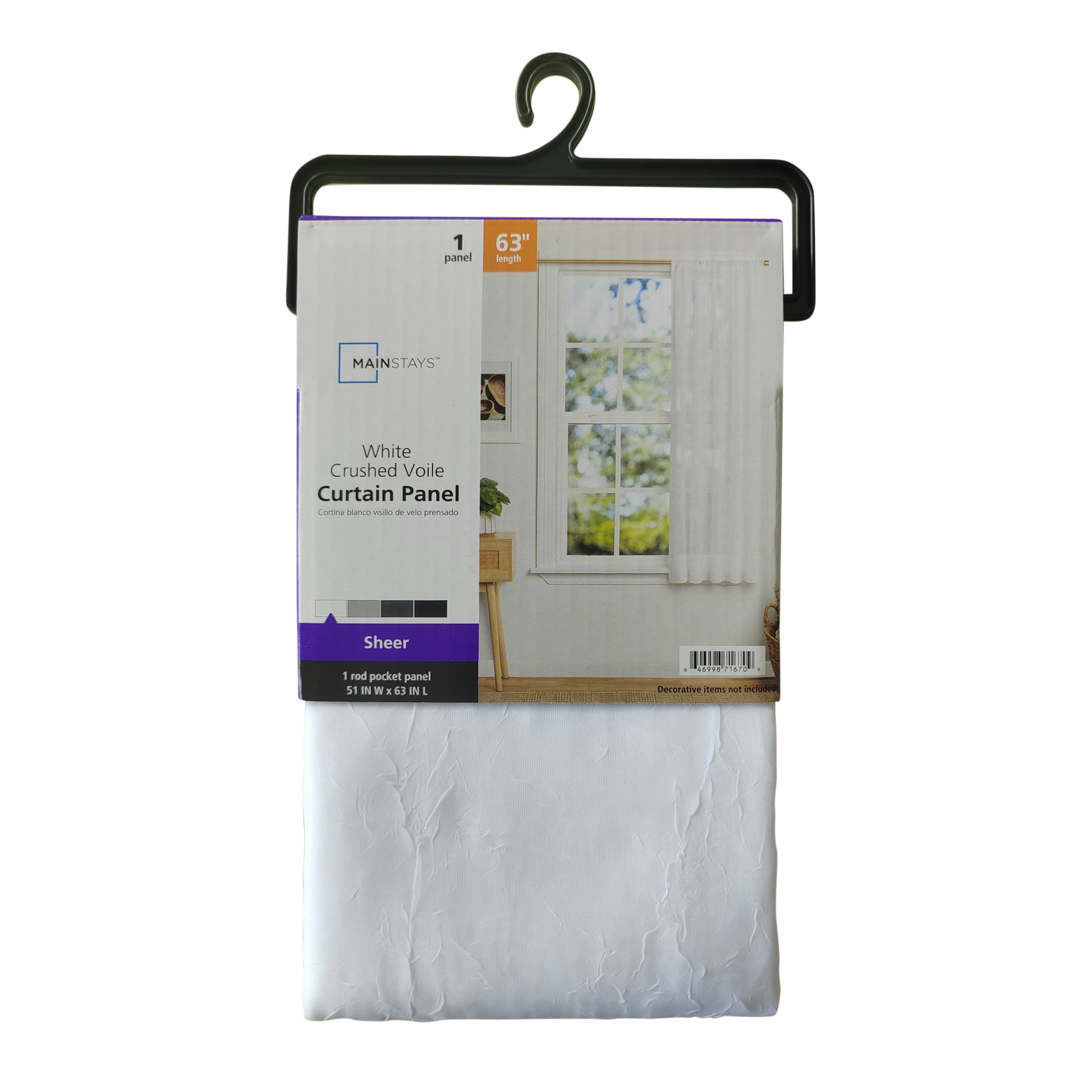 Mainstays Crushed Voile Single Curtain Panel, White, Polyester, 51 in W x 63 in L