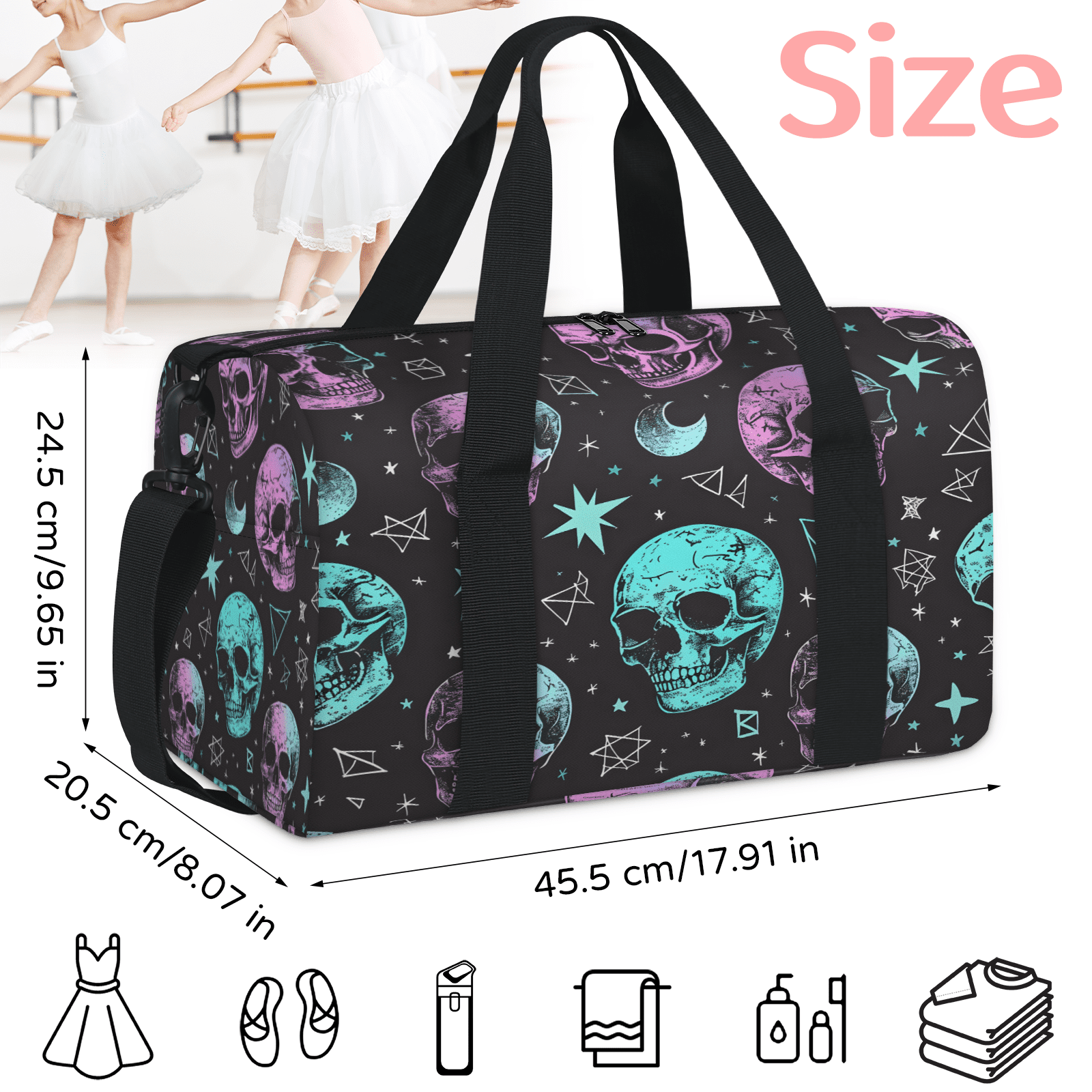 Herdesigns Skull Travel Duffle Bag Sports Yoga Weekender Overnight Carry on Workout Bags Lightweight Waterproof Gym Tote Bag for Women Skeleton