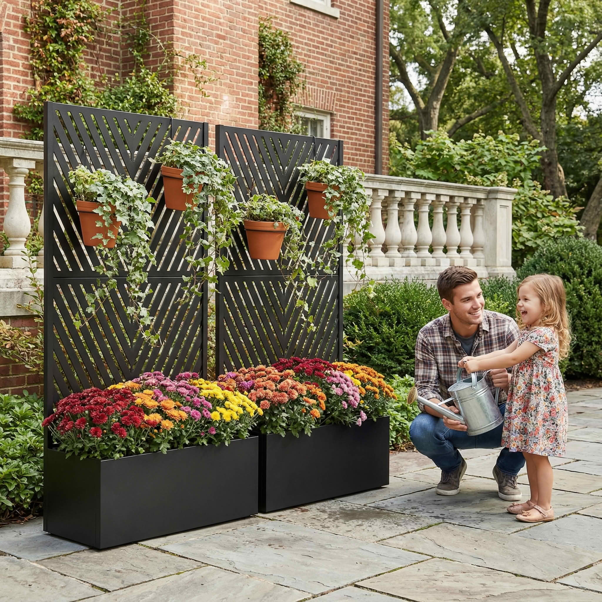 MAYEERTY 59X30" Metal Outdoor Black Privacy Screen with Planter Box for Backyard & Garden, 2 Piece Set, Double‑sided Installation