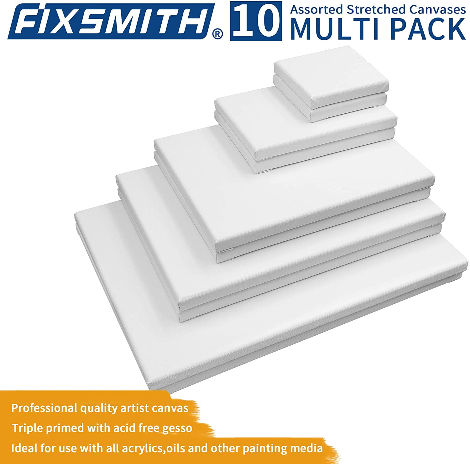 FIXSMITH Stretched White Blank Canvas- Multi Pack 4x4,5x7,8x10,9x (2 of Each),Set of 10,100% Cotton,Primed,for Acrylic,Oil,Other Wet or Dry Art Media,for Artists,Kids,Beginners and More. Multipack-10 PK
