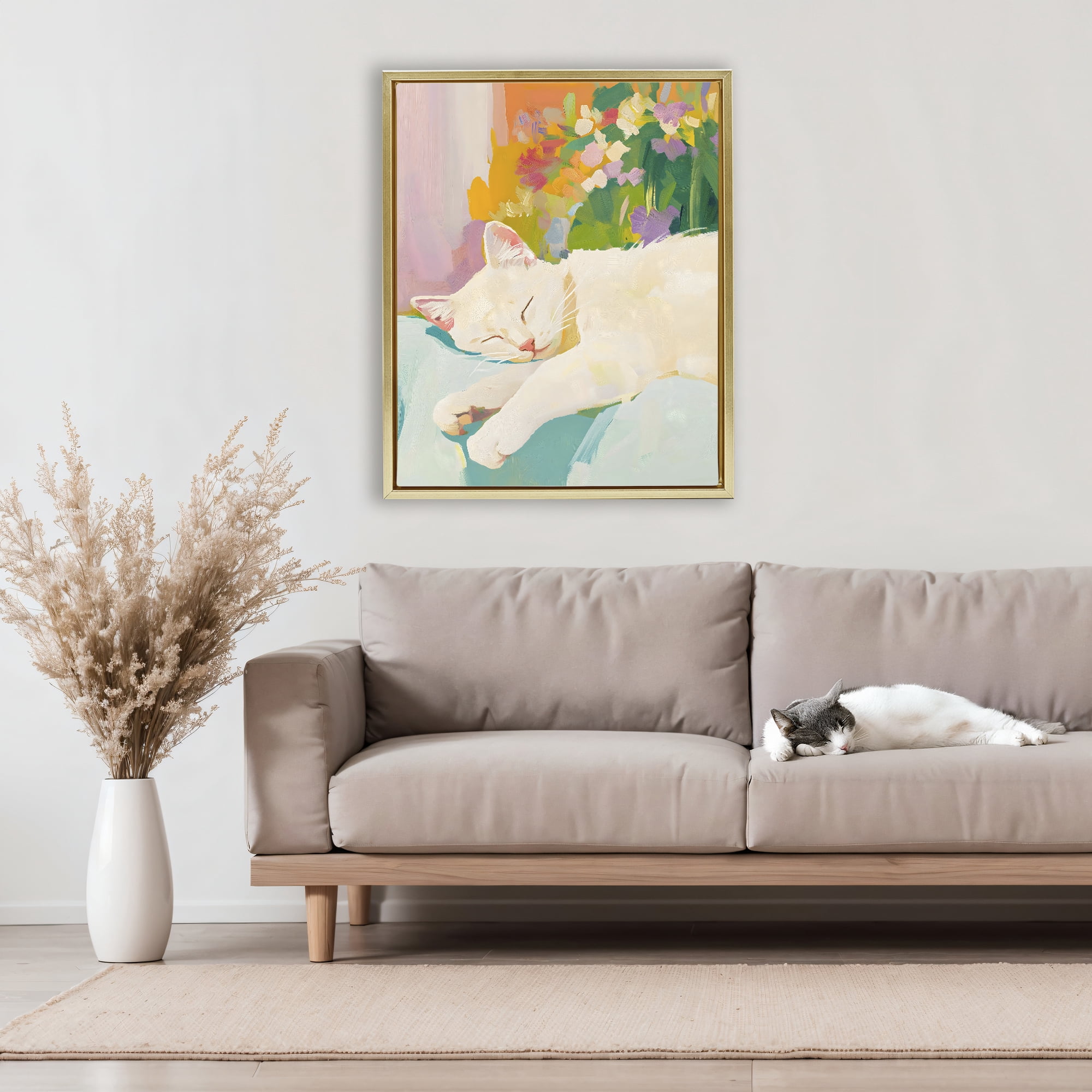 Stupell Industries Sleeping Cat with Flowers Gold Framed Floater Canvas Wall Art, design by The Prints Vibe