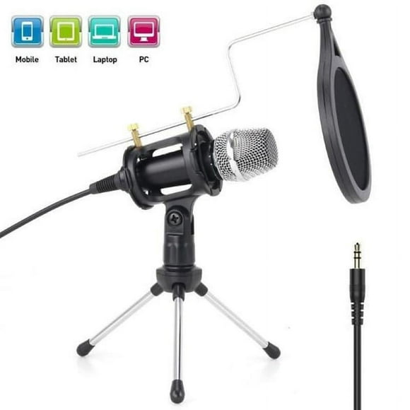 Micrófono de condensador de metal para PC/portátil, micrófono de grabación, juego de micrófonos, juego de estudio en casa, micrófono de condensador, soporte para micrófono, negro