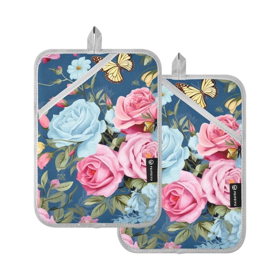 Pot Holders Set of 2 Heat Resistant 338℉ Kitchen Oven Gloves Potholder Cooking Baking Microwave Mitts Butterflies on Roses Floral