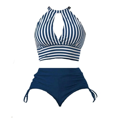 Ovticza Women s High Waisted Two Swimsuits Tummy Control Halter Cutout Bikini Side Tie Adjustable Tankini Swimsuit Bottoms Navy L