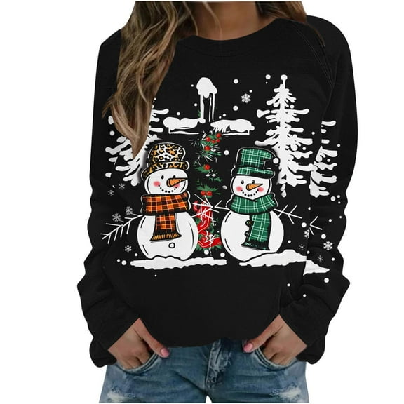 asdoklhq Christmas Sweaters for Womens Casual Long Sleeved Round Neck Hooded Printed Shoulder Sweatshirt Red 3X