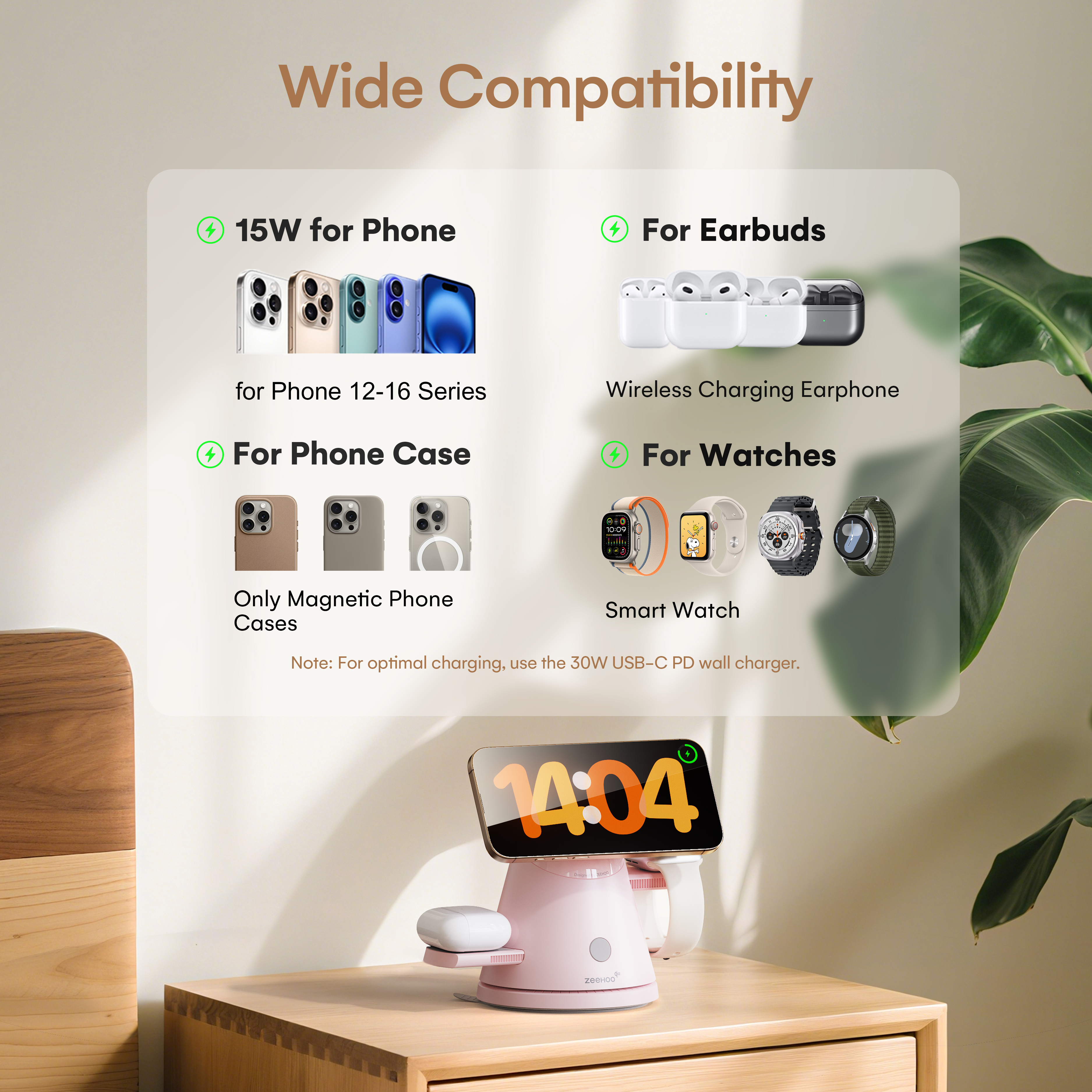ZEEHOO 4-In-1 Wireless Charging Station Qi2 15W - Mag-Safe Charger with 360° Rotating Base & Adjustable Brightness Night Light, with 30W Adapter