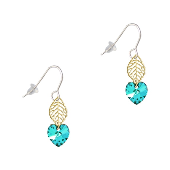 Delight Jewelry Teal Crystal Heart Goldtone Leaf French Earrings