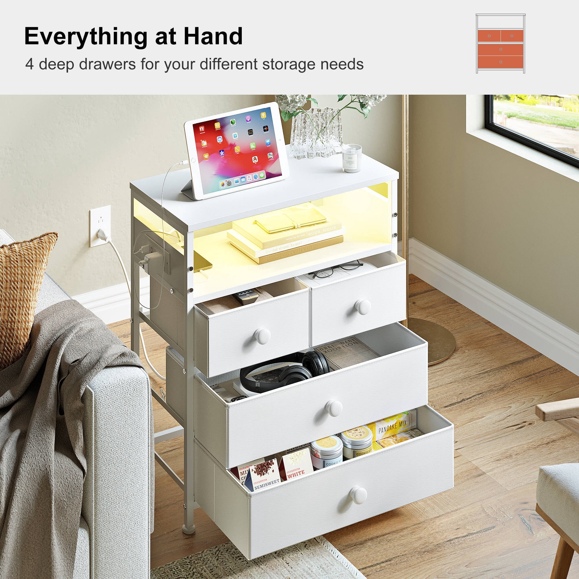 GUNAITO Led Nightstand Set of 2 with 4 Drawers Bedside Table with Charging Station Wide End Table with Storage Shelf for Living Room,White