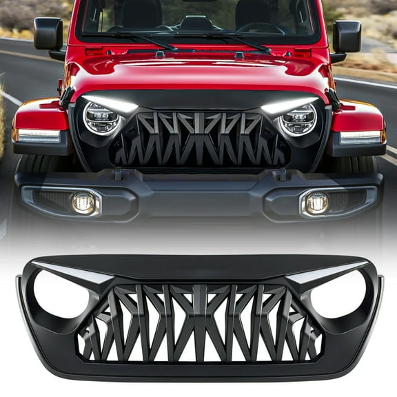 AMERICAN MODIFIED Front Shark Grille w/ LED Eyebrow DRL and Turn Signal Lights Matte Black For 2018  Jeep Wrangler JL & Gladiator JT