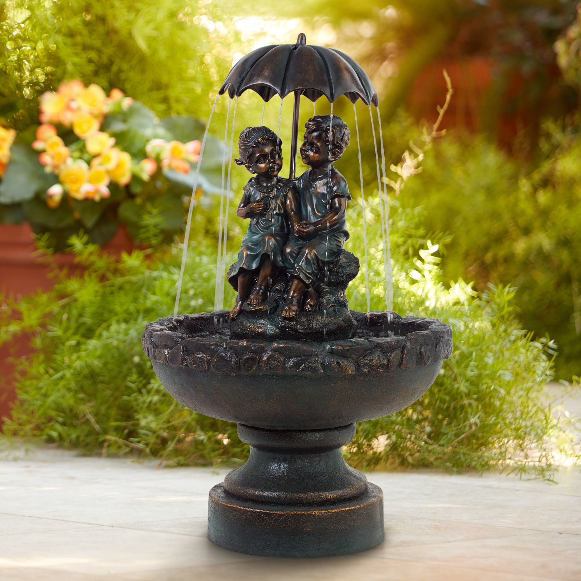 Bronze Fountain Boy w/ Fish Garden Art & Pump 