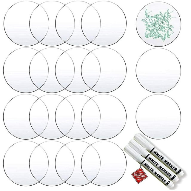 20 Pieces 4 Inch Clear Acrylic Sheet 0.08 Inch Thick Plastic Circle Disc Transparent Round Disks Circle Acrylic Sheets Sign for Picture Frame Painting DIY Craft,CPDD Circles with 3 White Markers - -