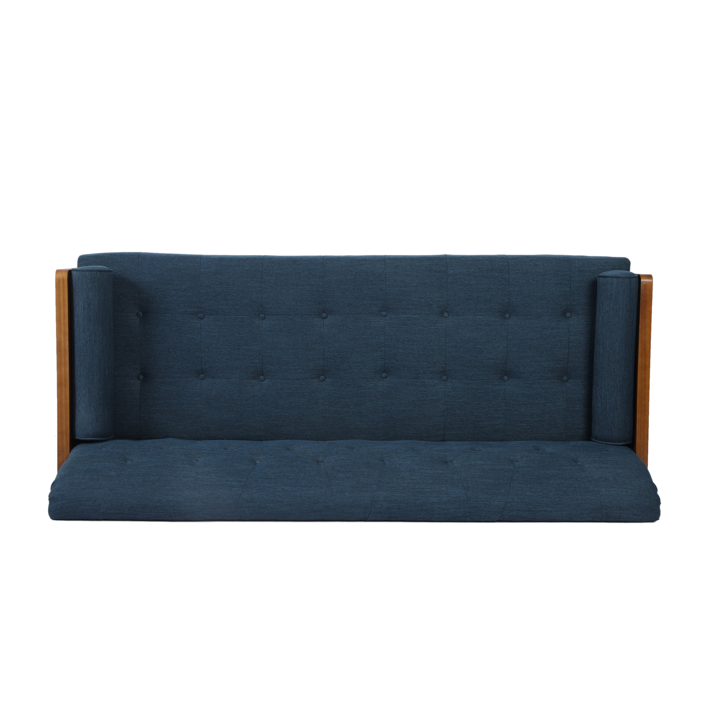 Noble House Nathanial Tufted Fabric Sofa, Navy Blue, Dark Walnut