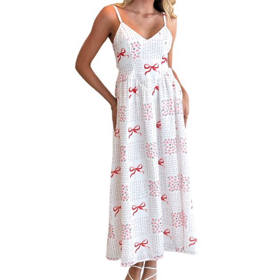 LMLYSoH Women Slip Dress, Spaghetti Straps V-neck Backless Bow Floral Swing Dress Summer Long Dress for Cocktail Party