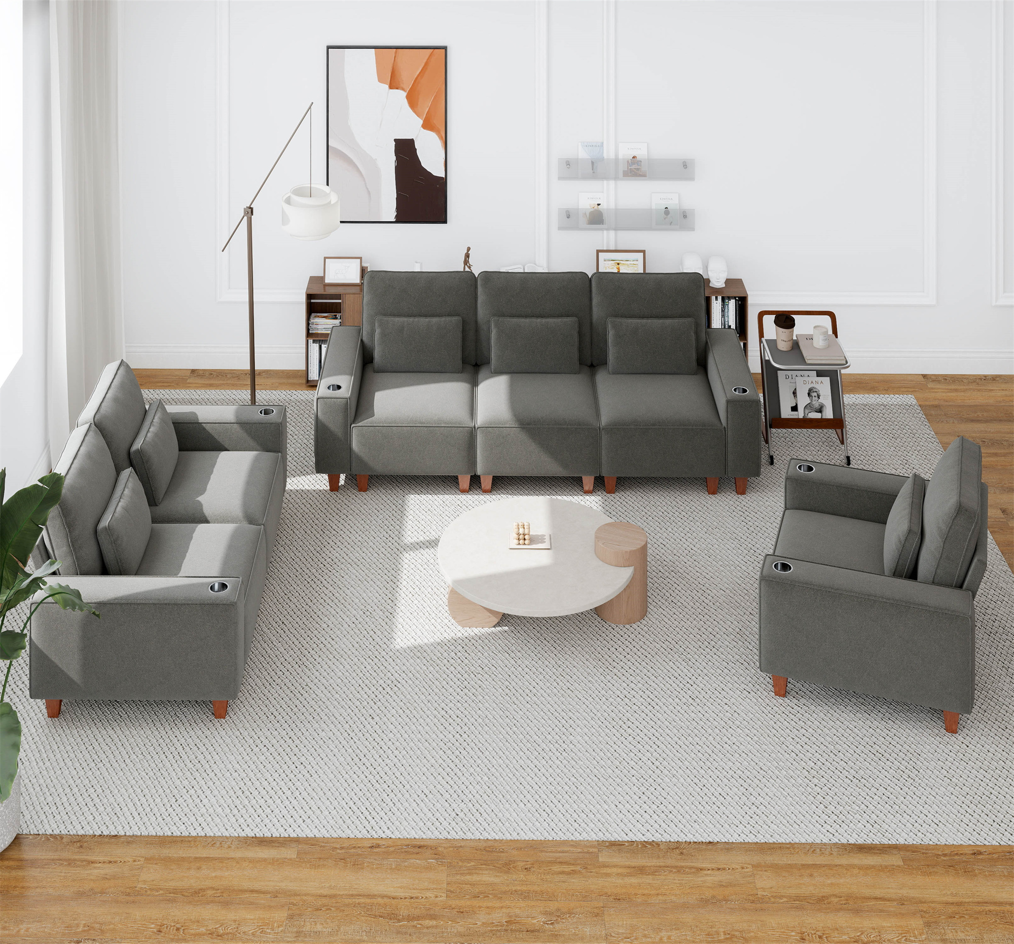 Aukfa 3 Piece Sofa Set - 43.5" Oversized Armchair Couch with Cup Holders&Pillows, Chenille, Gray