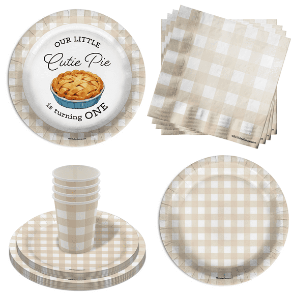 Our Little Cutie Pie Is Turning One 1st Birthday Party Supplies - 64 Piece First Birthday Tableware Set Includes Large 9" Dinner Plates and 8" Dessert Paper Plates Napkins Cups - Kit for 16
