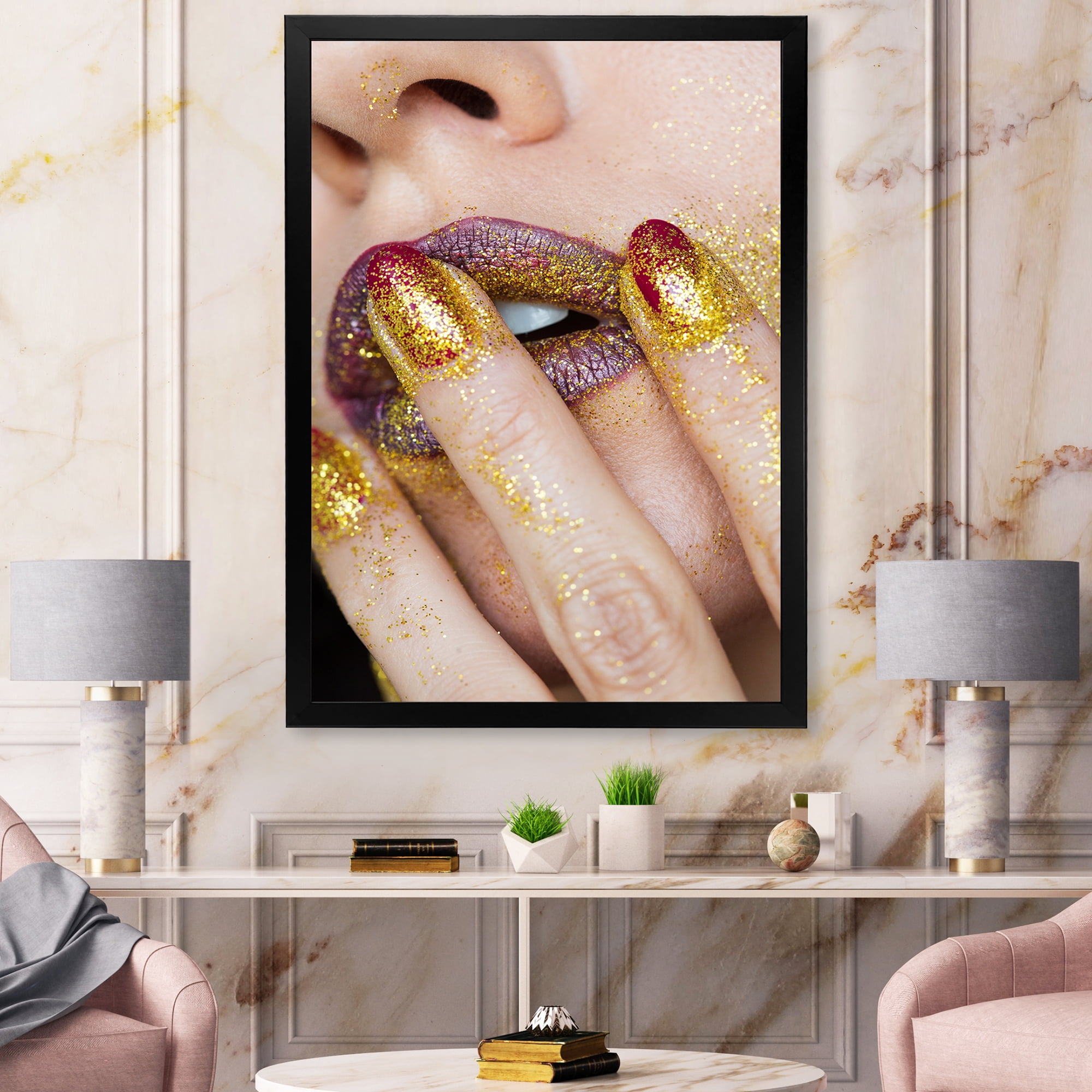 Designart 'Close-Up Of Woman Golden Gold Glitter Lipstick' Modern Framed Art Print