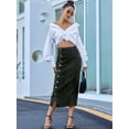 thumbnail image 4 of Womens Casual Slit Denim Midi Jean Skirt Stretch High Waist Frayed Button Up Black XS, 4 of 8