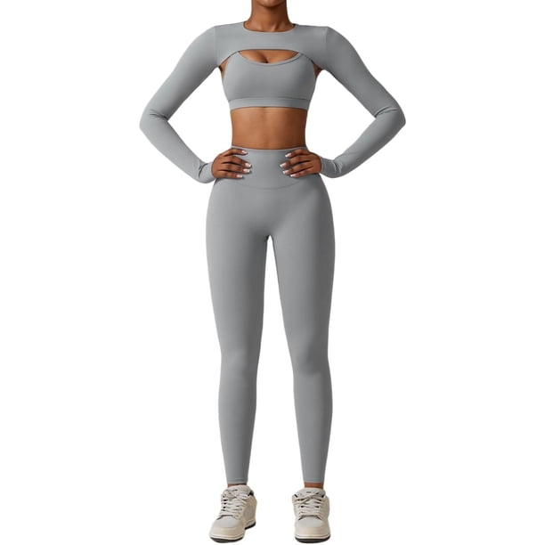 Yknktstc Conjuntos de entrenamiento de 3 piezas para mujer con sujetadores deportivos con tiras, polainas de cintura alta, atlético, gimnasio, yoga