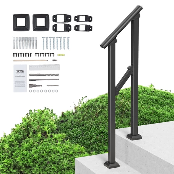 VEVOR Handrails for Outdoor Steps, 1-2 Step Stair Hand Rail Kit, Transitional Carbon Steel Railings with Installation Kit, Stair Rails for Seniors, Concrete Steps & Porch & Deck, Black Square Tube