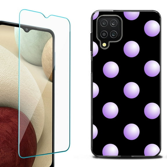 Slim-Fit Flexible TPU Gel Phone Case (black) for Samsung Galaxy A12, with Tempered Glass Screen Protector, by OneToughShield ® - Polka Dot / Purple