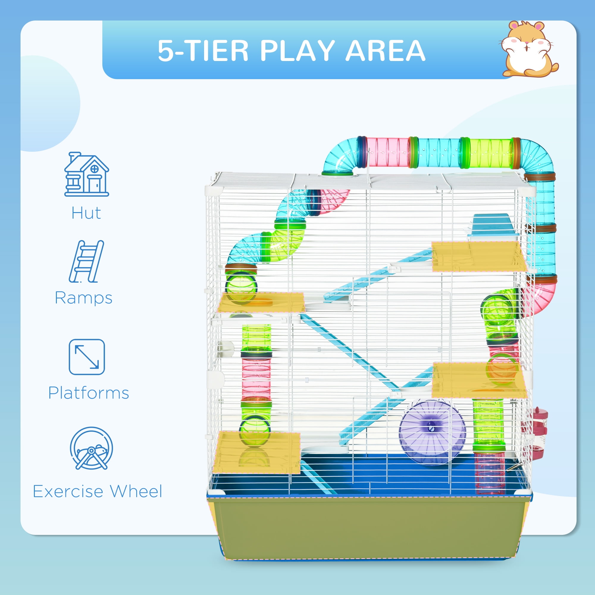 Extra Large 23" Hamster Cage with Tubes and Tunnels, Portable Carry Handles, Rat House and Habitats Big 5-Tier Design, Includes Exercise Wheel, Water Bottle, Food Dish, Blue